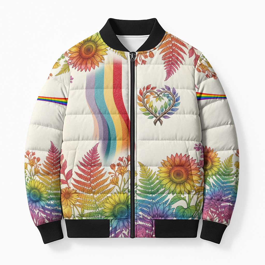Love Blooms in Every Color Bomber Puffer Jacket Nature Rainbow of Freedom