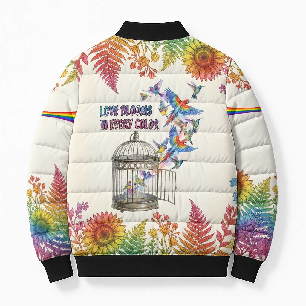 Love Blooms in Every Color Bomber Puffer Jacket Nature Rainbow of Freedom