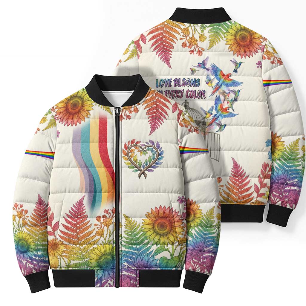Love Blooms in Every Color Bomber Puffer Jacket Nature Rainbow of Freedom