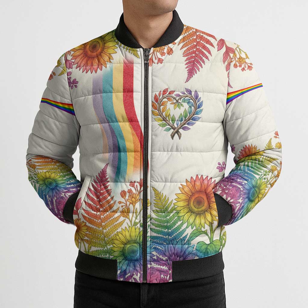 Love Blooms in Every Color Bomber Puffer Jacket Nature Rainbow of Freedom