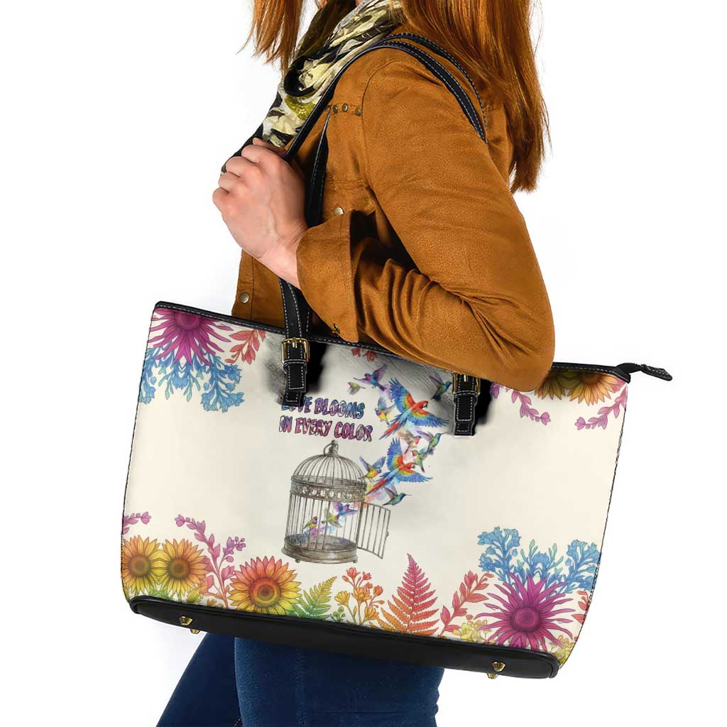 Love Blooms in Every Color Leather Tote Bag Nature Rainbow of Freedom