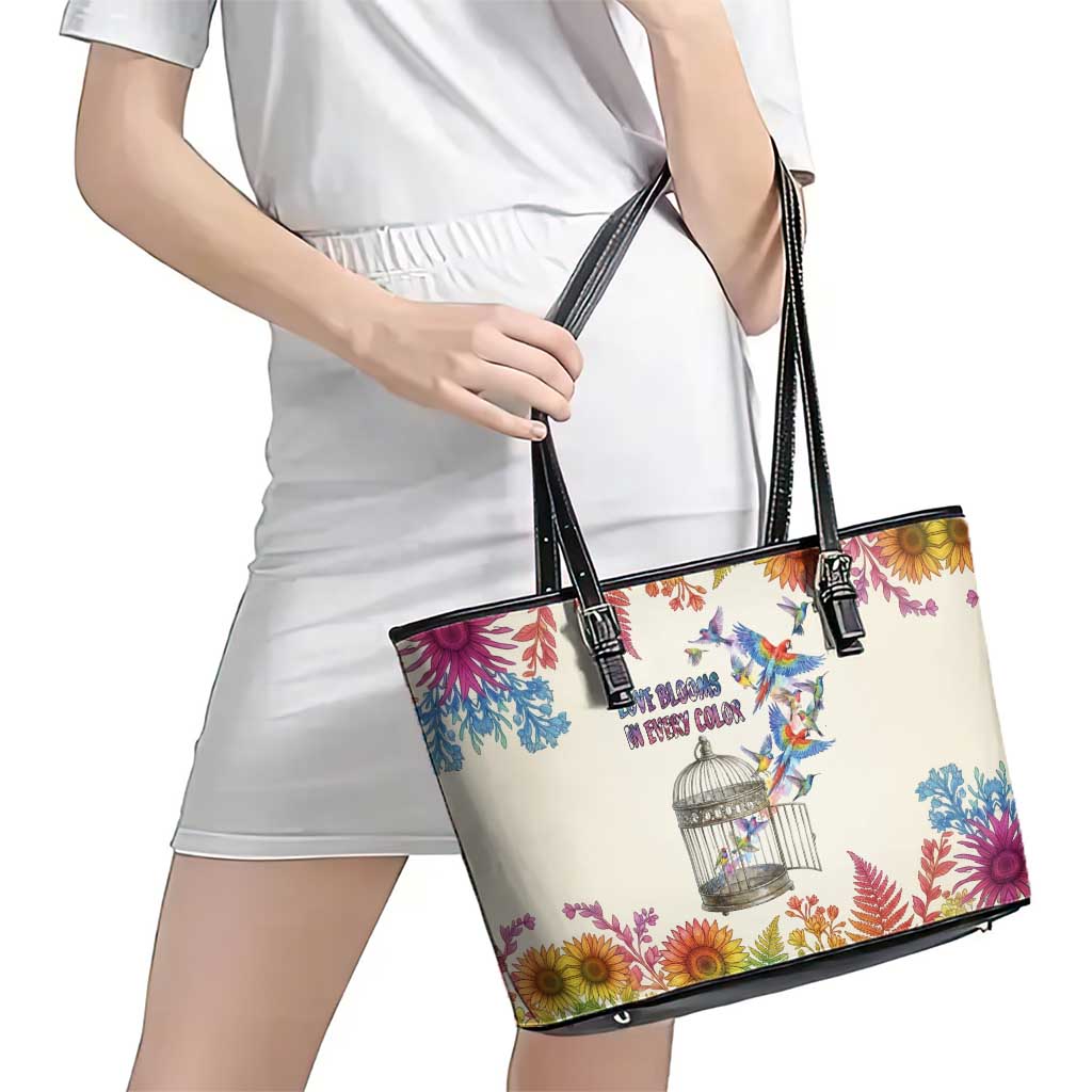 Love Blooms in Every Color Leather Tote Bag Nature Rainbow of Freedom