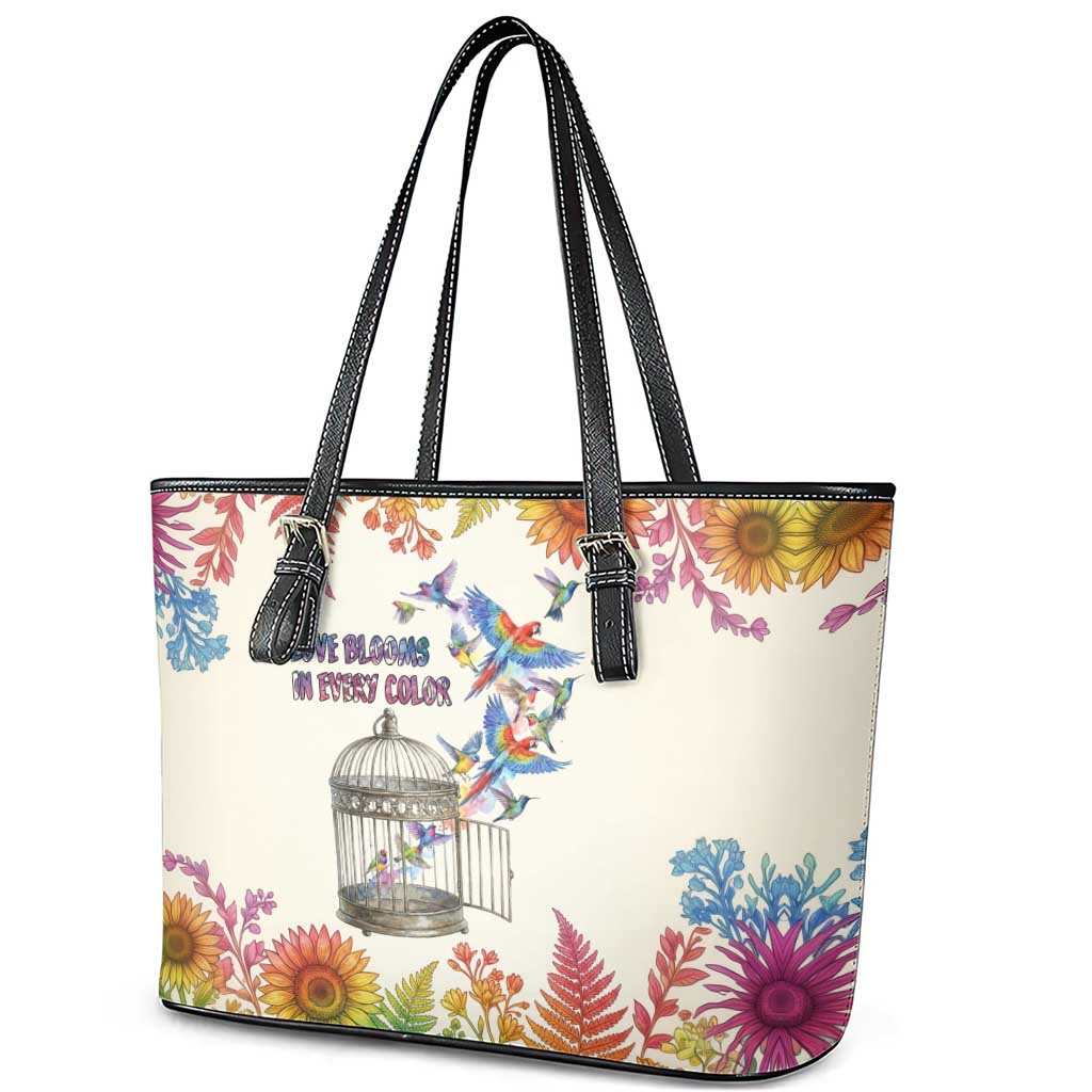 Love Blooms in Every Color Leather Tote Bag Nature Rainbow of Freedom