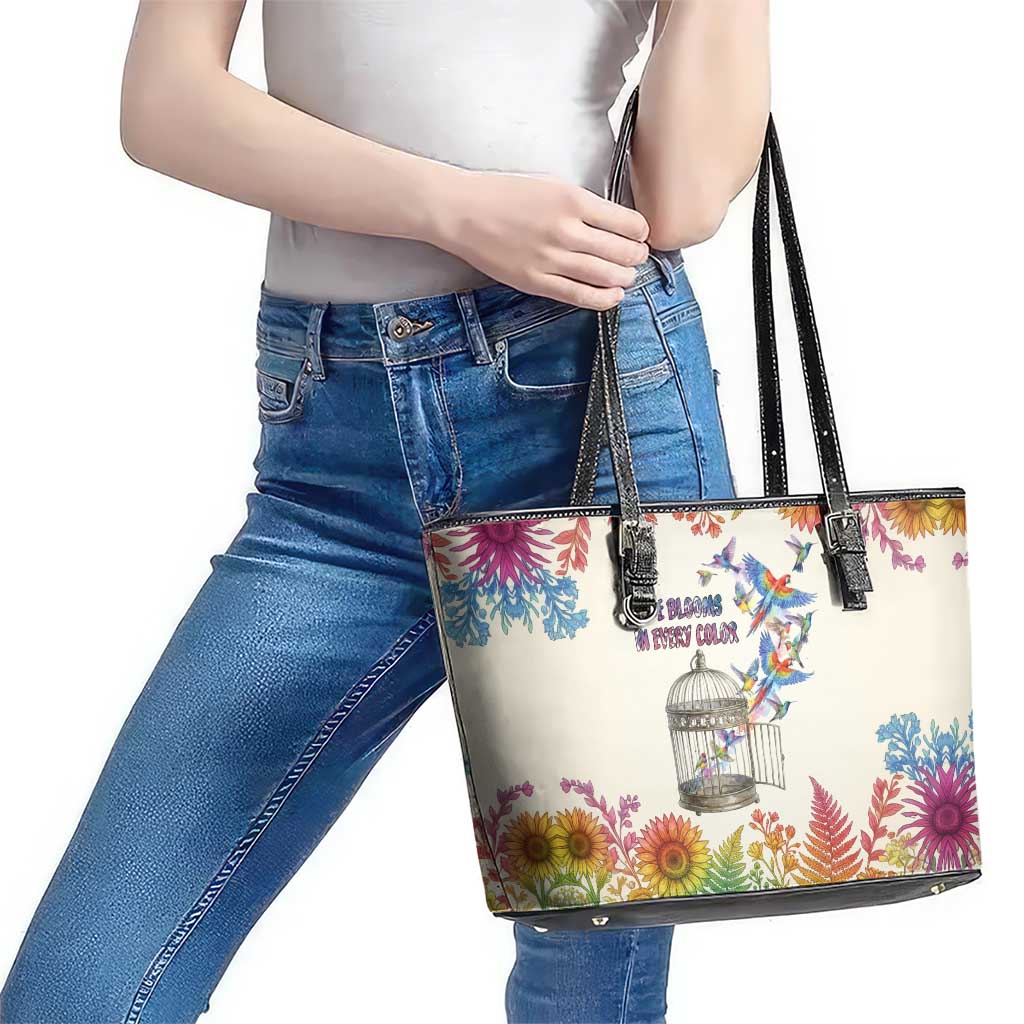 Love Blooms in Every Color Leather Tote Bag Nature Rainbow of Freedom