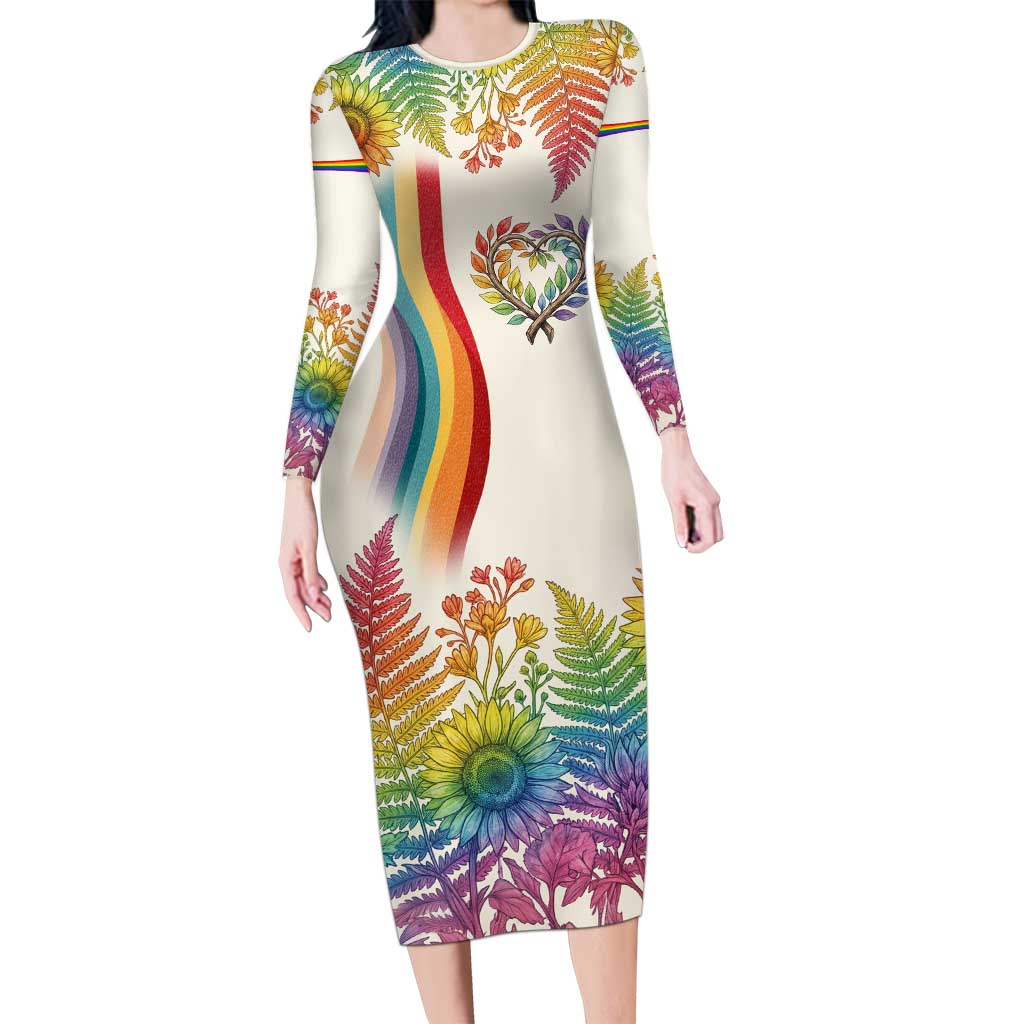 Love Blooms in Every Color Long Sleeve Bodycon Dress Nature Rainbow of Freedom