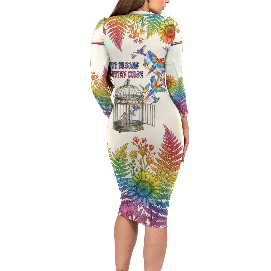 Love Blooms in Every Color Long Sleeve Bodycon Dress Nature Rainbow of Freedom
