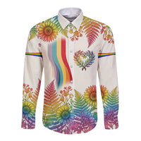 Love Blooms in Every Color Long Sleeve Button Shirt Nature Rainbow of Freedom
