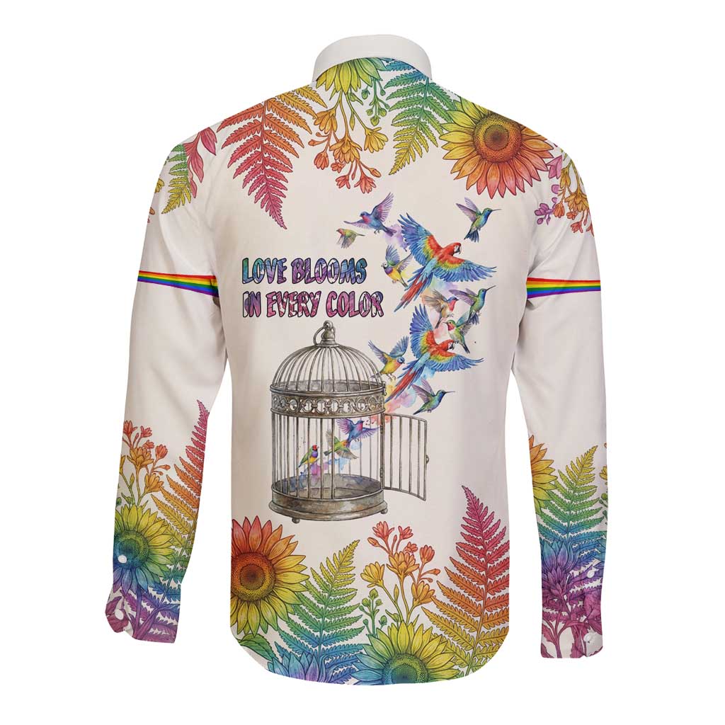 Love Blooms in Every Color Long Sleeve Button Shirt Nature Rainbow of Freedom