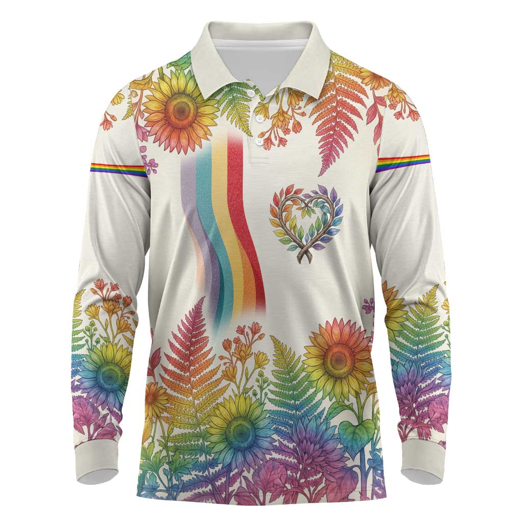 Love Blooms in Every Color Long Sleeve Polo Shirt Nature Rainbow of Freedom