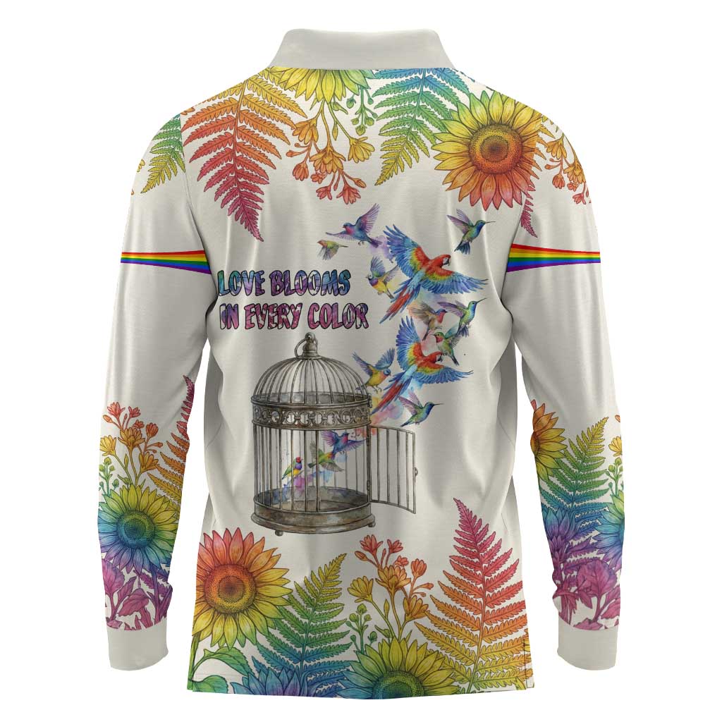 Love Blooms in Every Color Long Sleeve Polo Shirt Nature Rainbow of Freedom