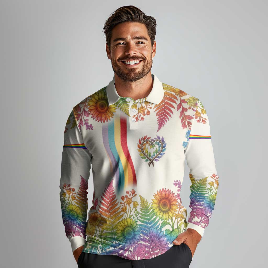 Love Blooms in Every Color Long Sleeve Polo Shirt Nature Rainbow of Freedom