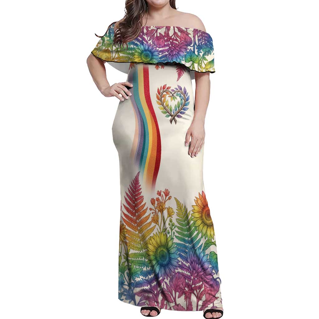 Love Blooms in Every Color Off Shoulder Maxi Dress Nature Rainbow of Freedom