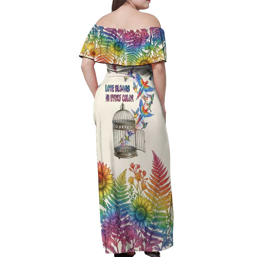 Love Blooms in Every Color Off Shoulder Maxi Dress Nature Rainbow of Freedom