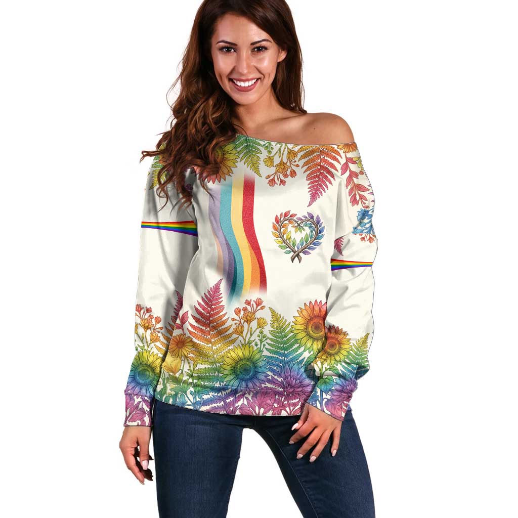 Love Blooms in Every Color Off Shoulder Sweater Nature Rainbow of Freedom