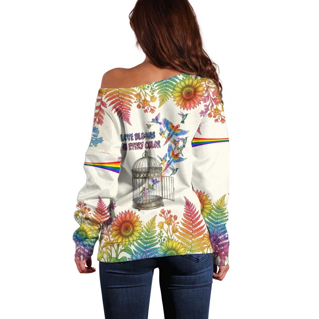 Love Blooms in Every Color Off Shoulder Sweater Nature Rainbow of Freedom