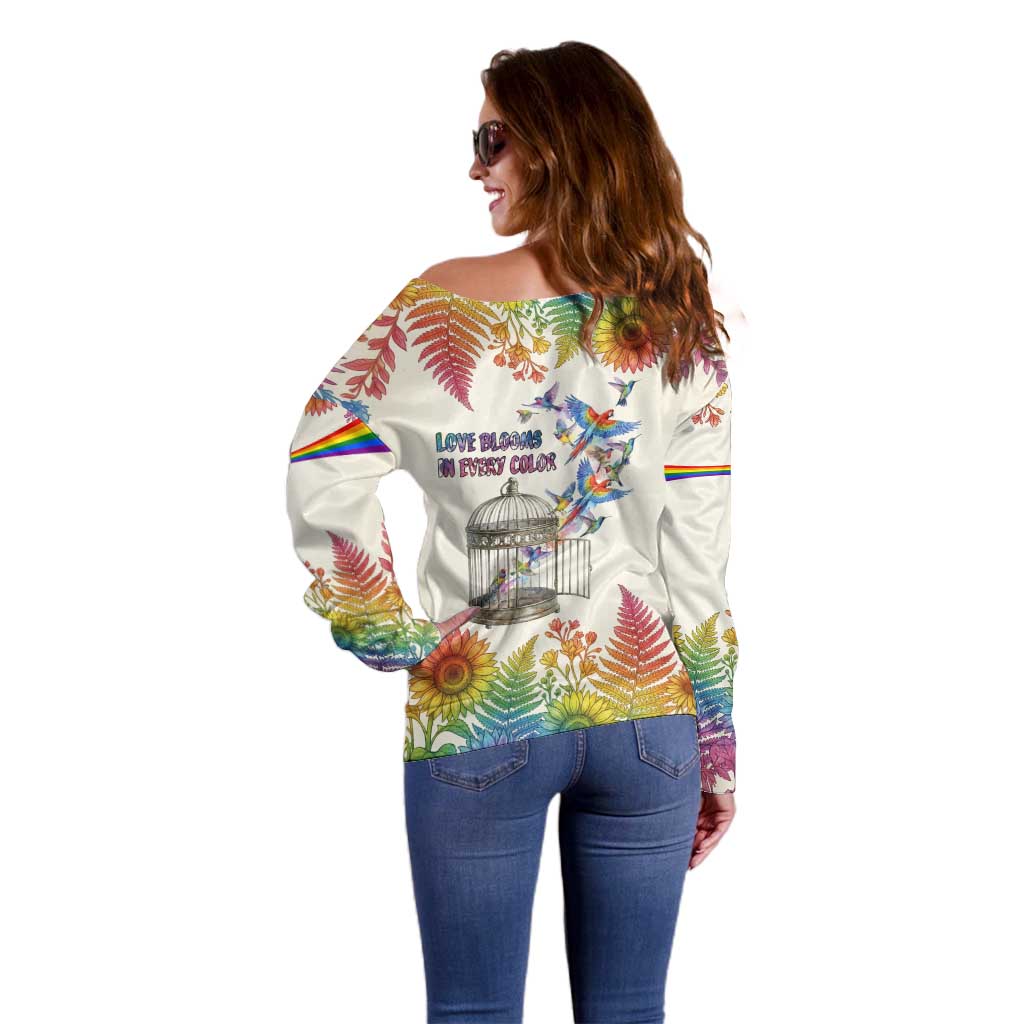 Love Blooms in Every Color Off Shoulder Sweater Nature Rainbow of Freedom