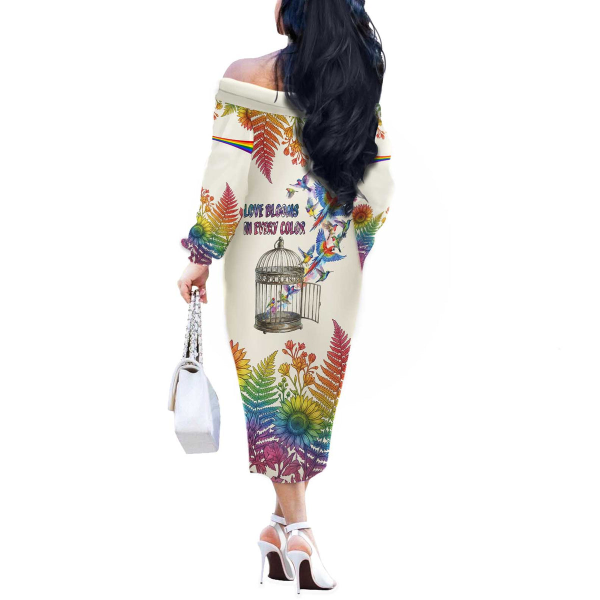 Love Blooms in Every Color Off The Shoulder Long Sleeve Dress Nature Rainbow of Freedom