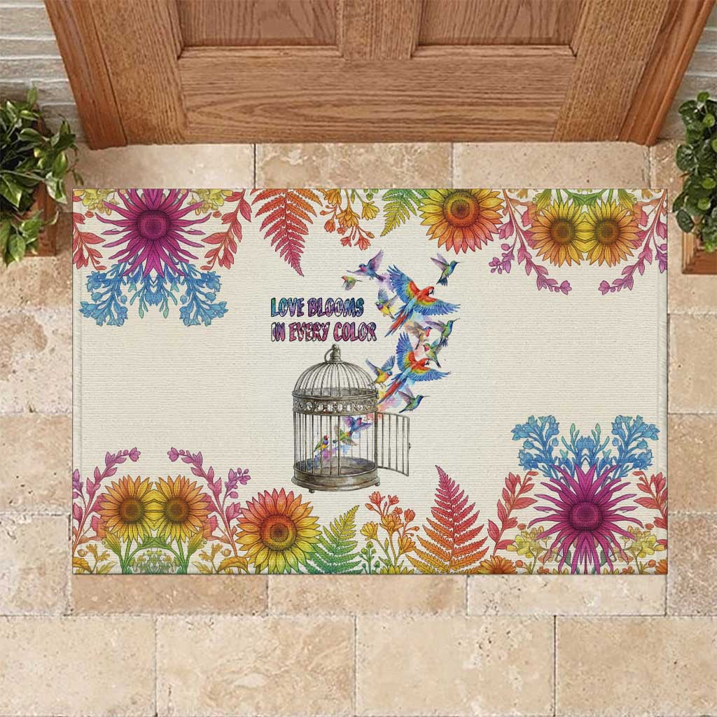 Love Blooms in Every Color Rubber Doormat Nature Rainbow of Freedom