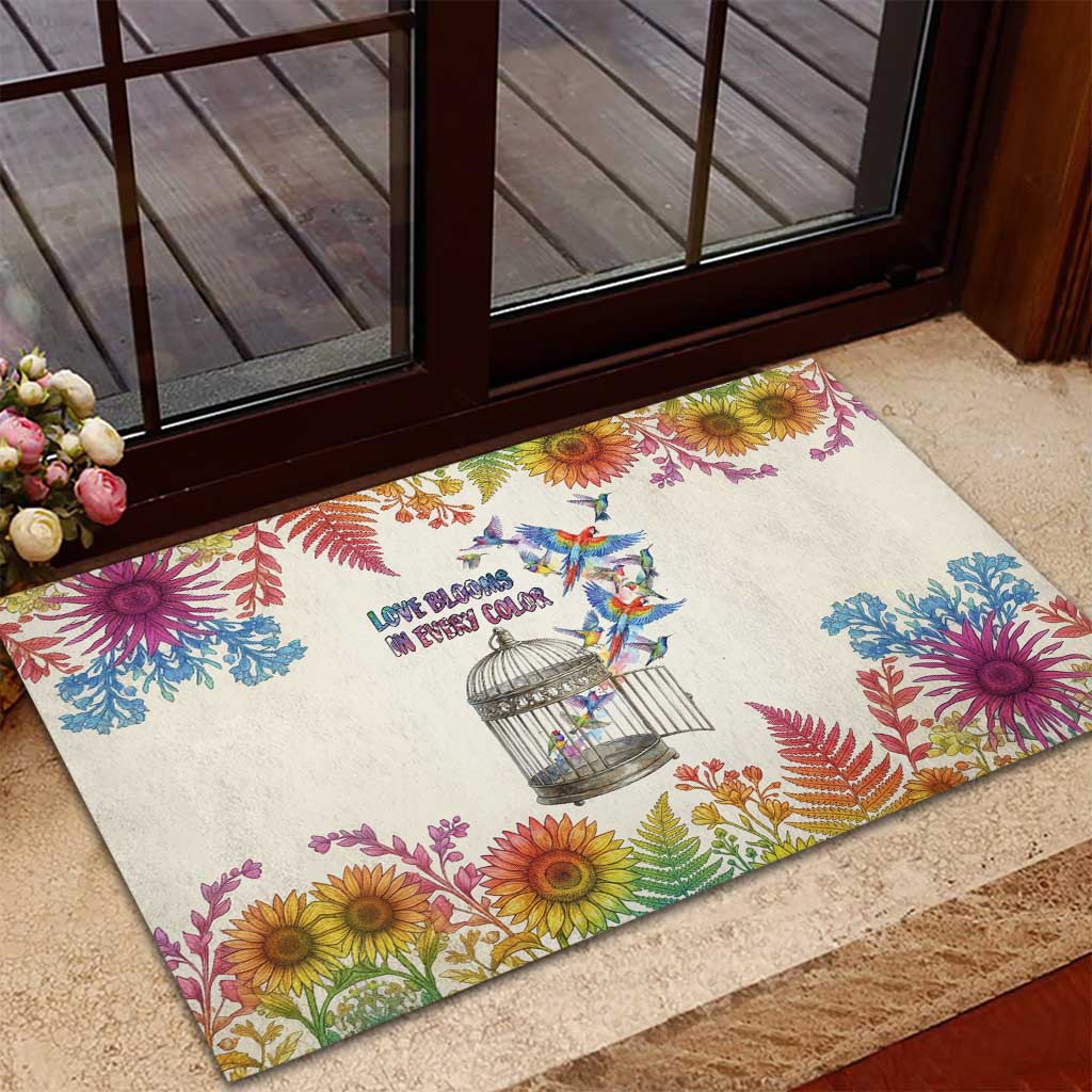 Love Blooms in Every Color Rubber Doormat Nature Rainbow of Freedom