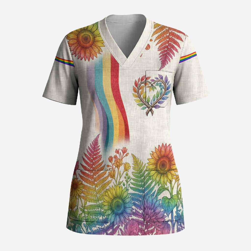 Love Blooms in Every Color Scrub Top Nature Rainbow of Freedom