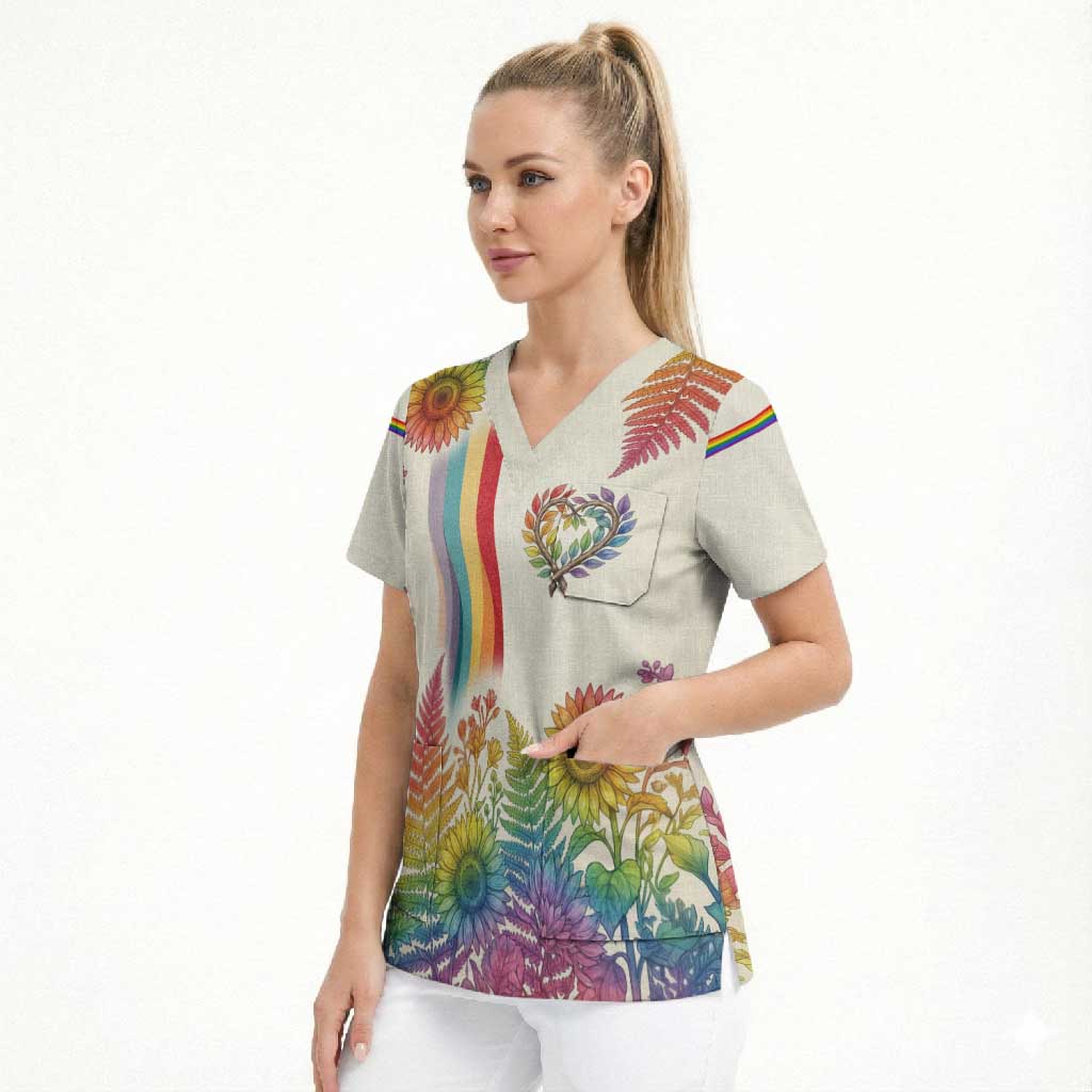 Love Blooms in Every Color Scrub Top Nature Rainbow of Freedom