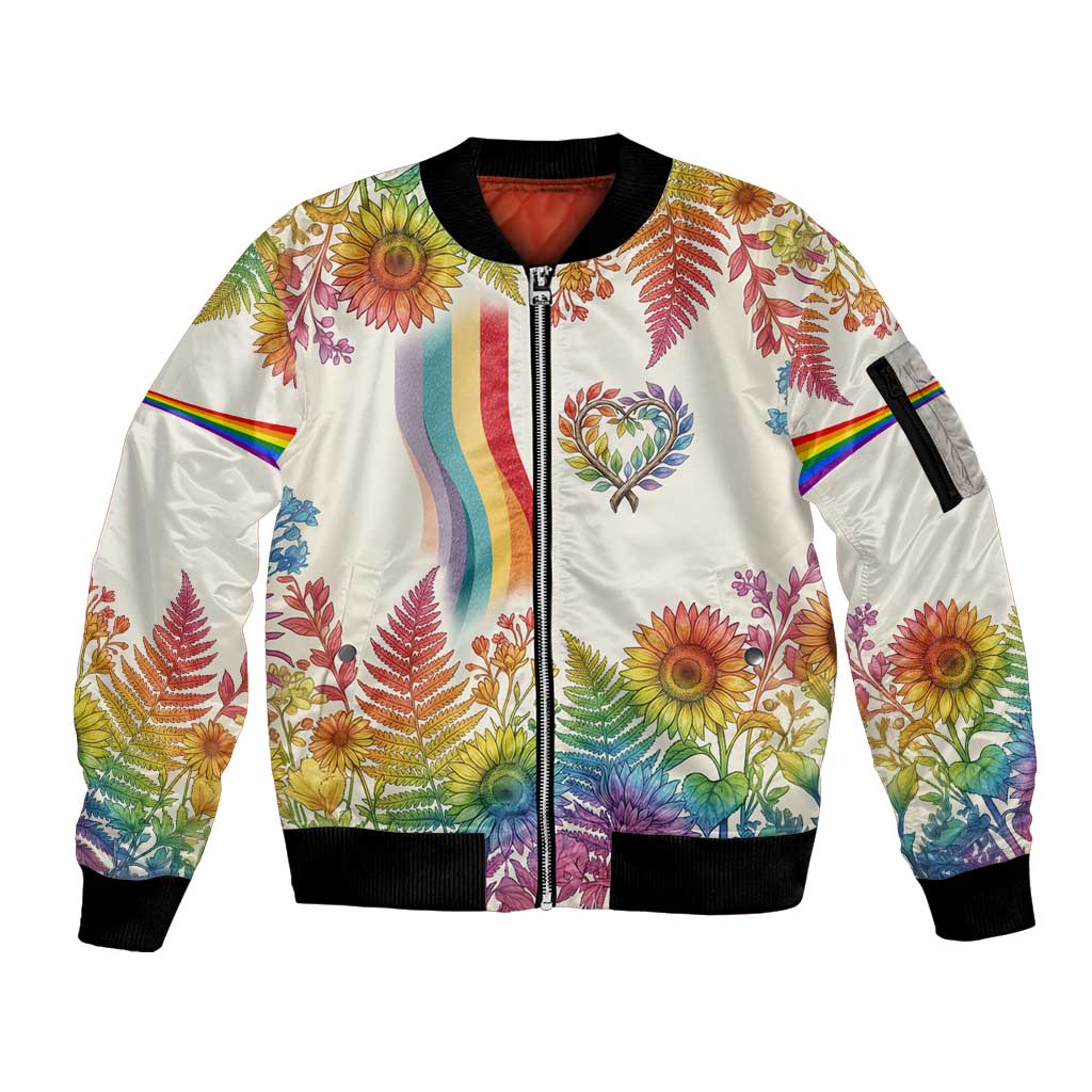 Love Blooms in Every Color Sleeve Zip Bomber Jacket Nature Rainbow of Freedom