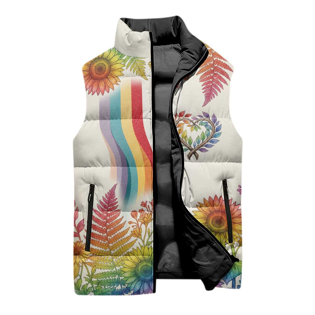 Love Blooms in Every Color Sleeveless Puffer Jacket Nature Rainbow of Freedom