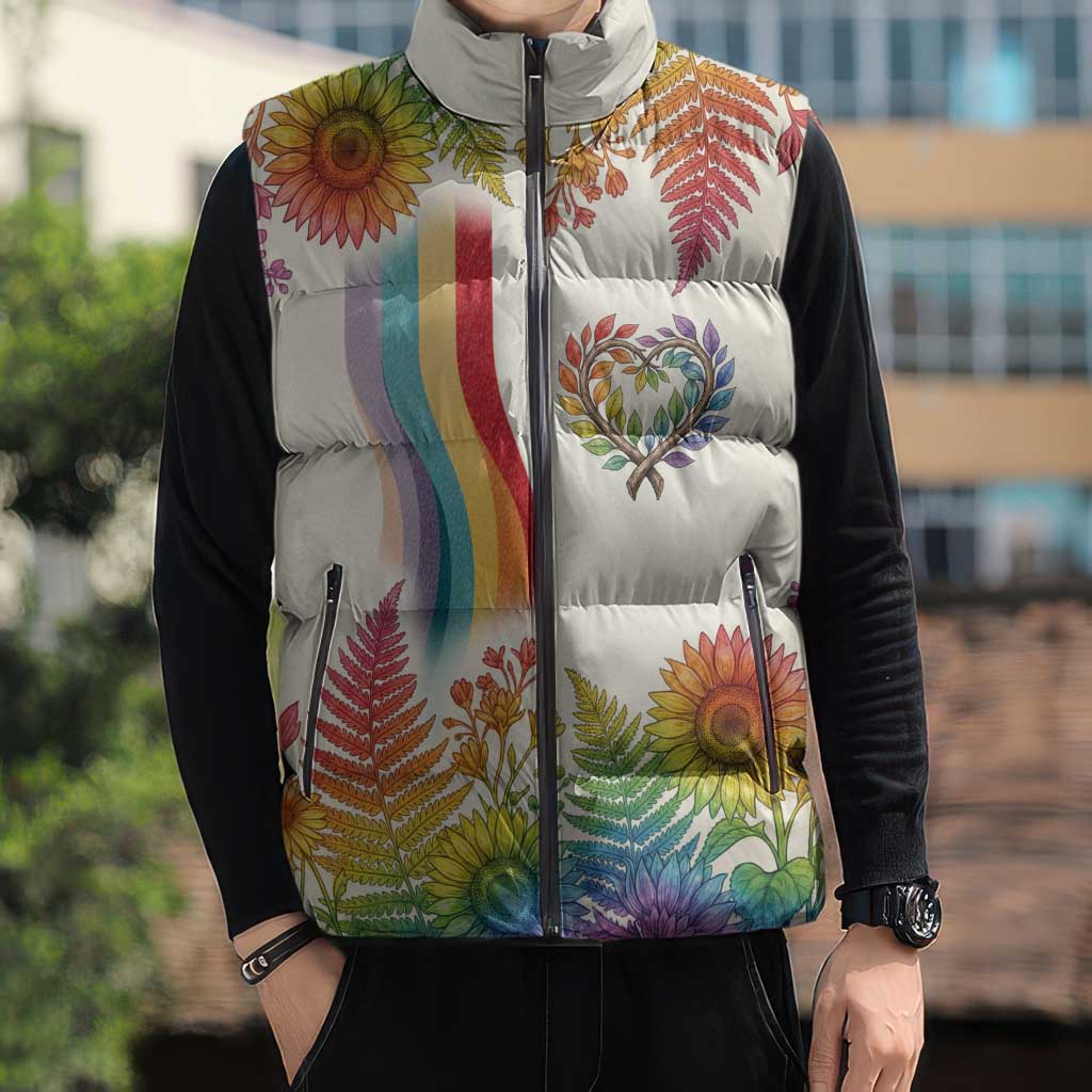 Love Blooms in Every Color Sleeveless Puffer Jacket Nature Rainbow of Freedom
