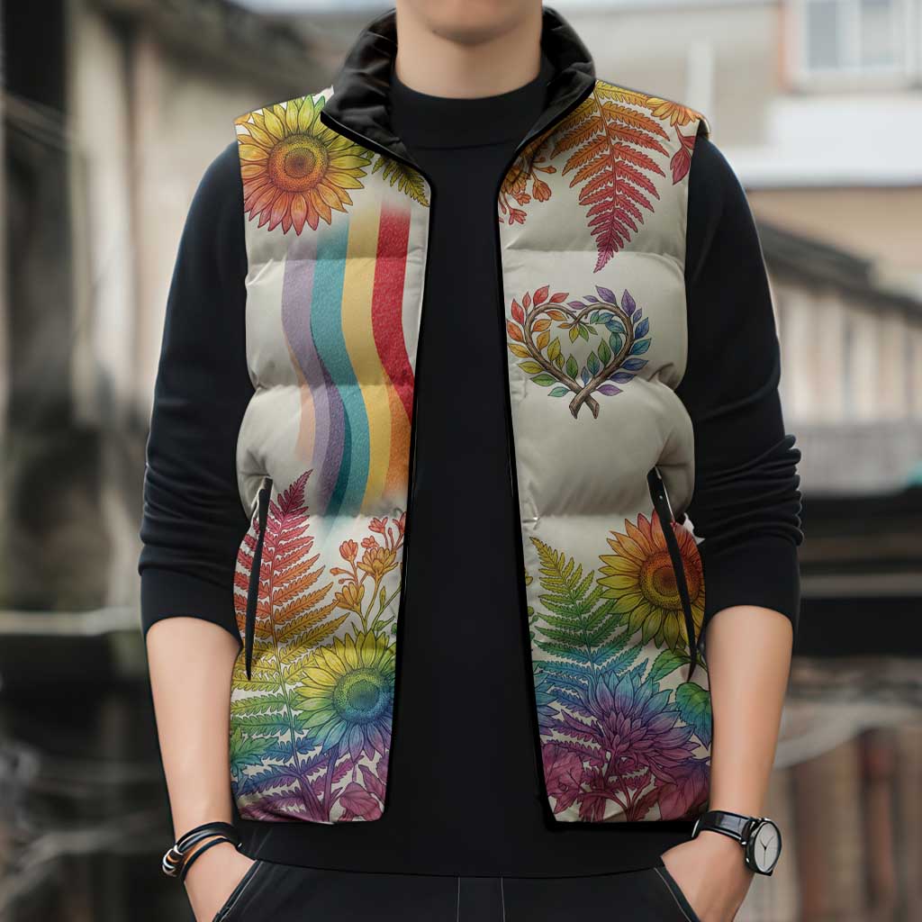 Love Blooms in Every Color Sleeveless Puffer Jacket Nature Rainbow of Freedom
