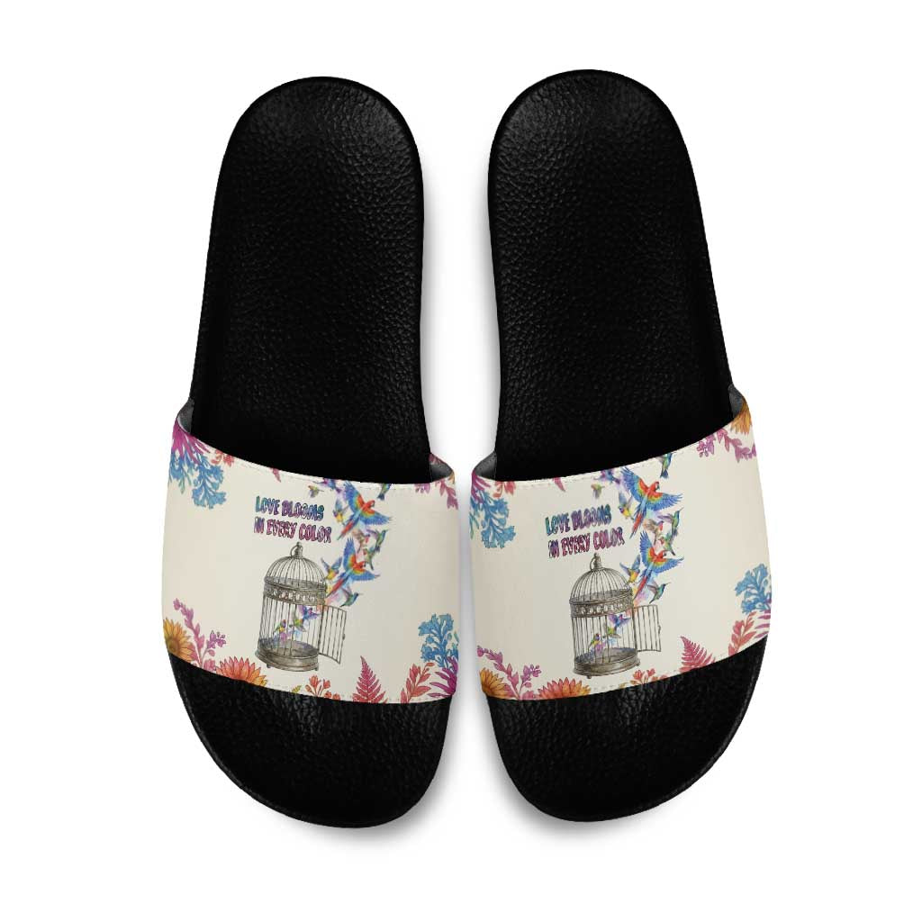Love Blooms in Every Color Slide Sandals Nature Rainbow of Freedom