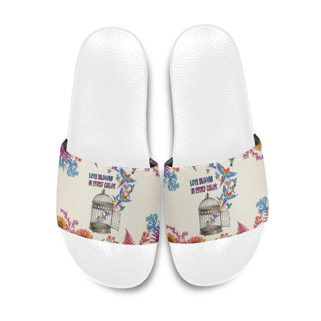 Love Blooms in Every Color Slide Sandals Nature Rainbow of Freedom