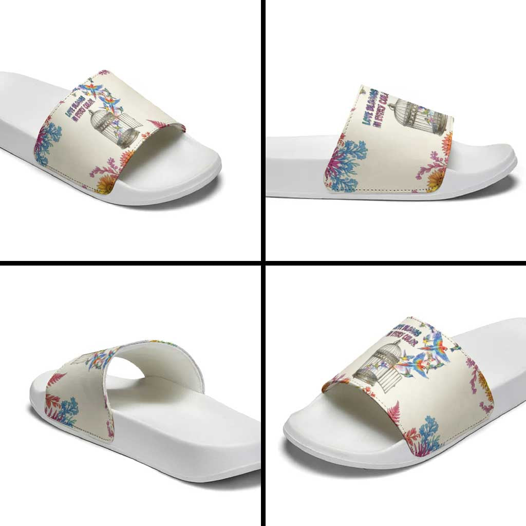 Love Blooms in Every Color Slide Sandals Nature Rainbow of Freedom