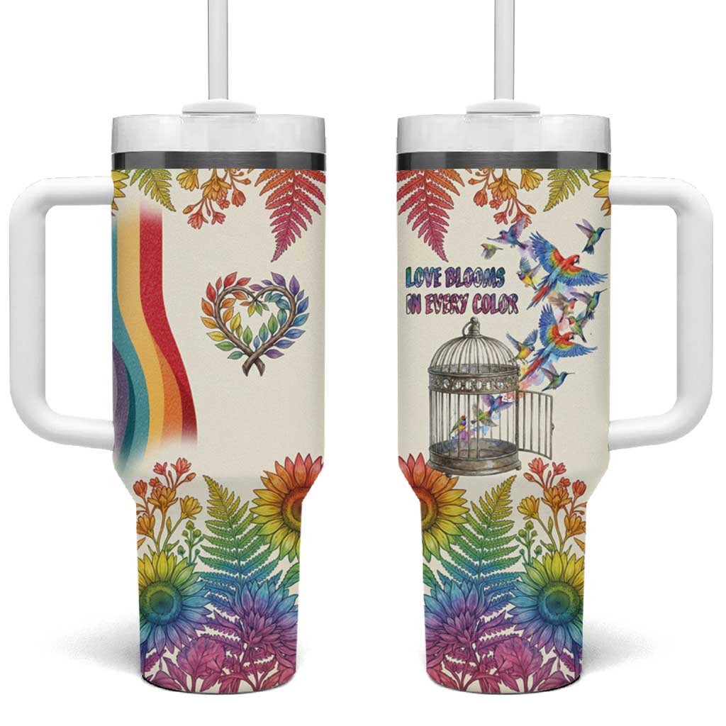 Love Blooms in Every Color Tumbler With Handle Nature Rainbow of Freedom