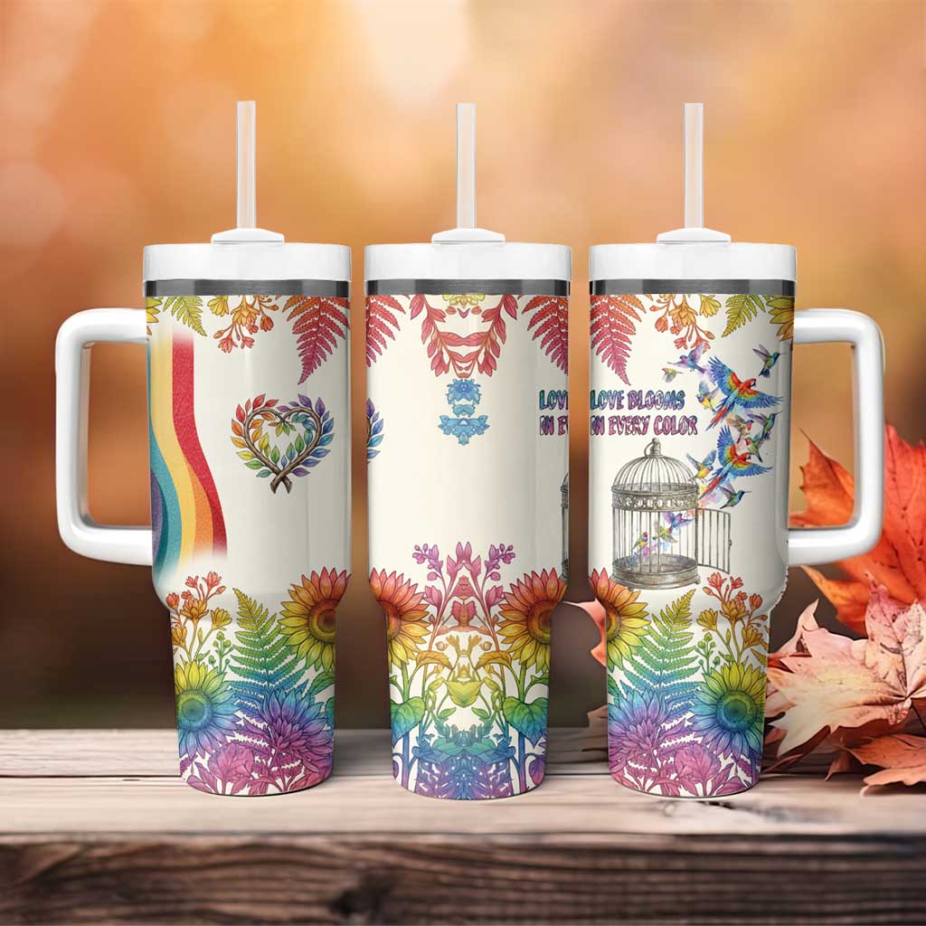 Love Blooms in Every Color Tumbler With Handle Nature Rainbow of Freedom