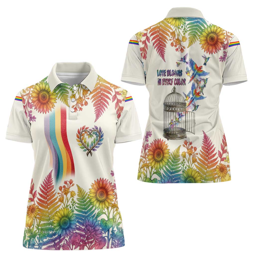Love Blooms in Every Color Women Polo Shirt Nature Rainbow of Freedom