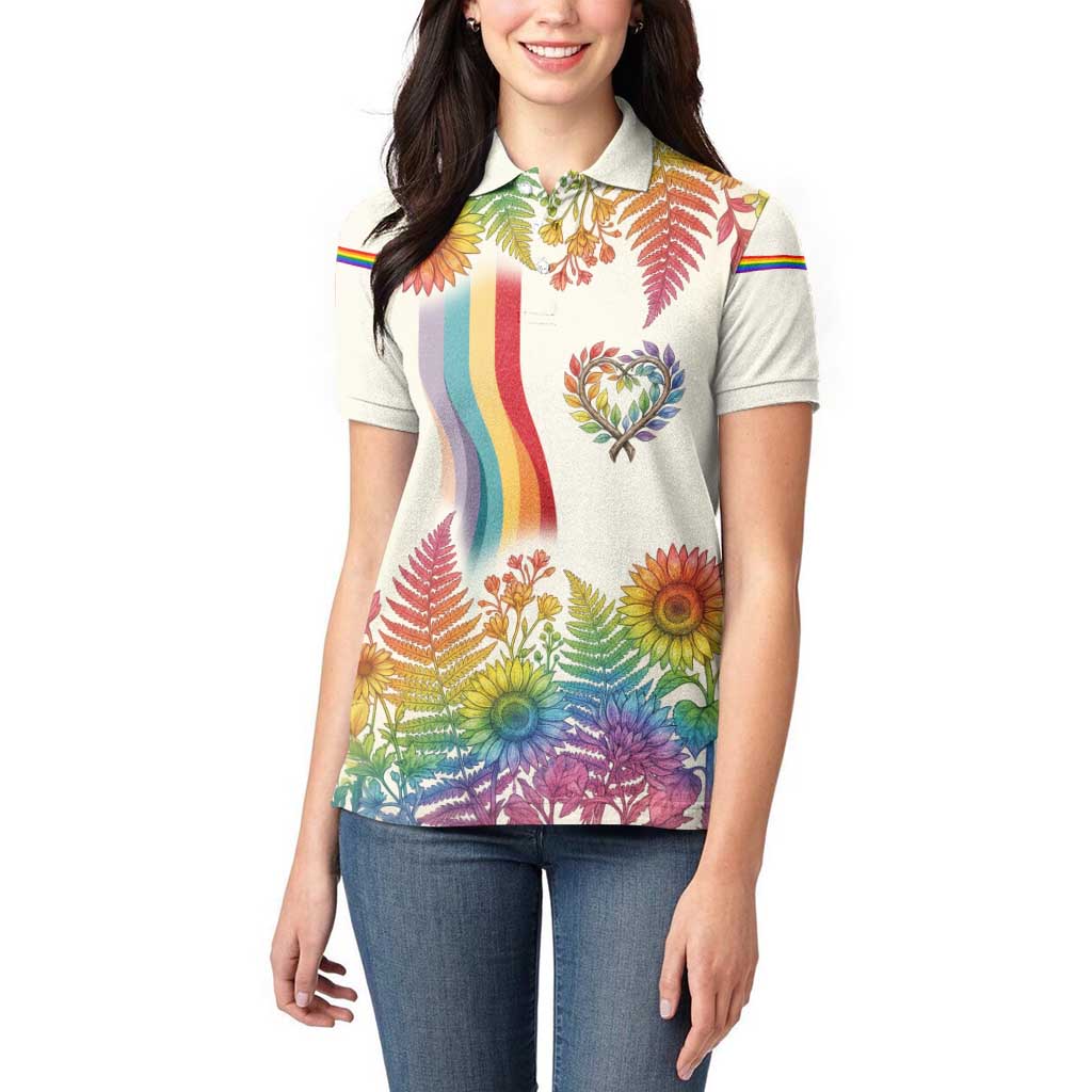 Love Blooms in Every Color Women Polo Shirt Nature Rainbow of Freedom