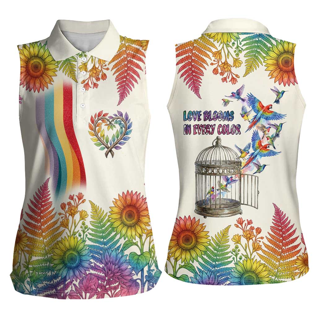 Love Blooms in Every Color Women Sleeveless Polo Shirt Nature Rainbow of Freedom