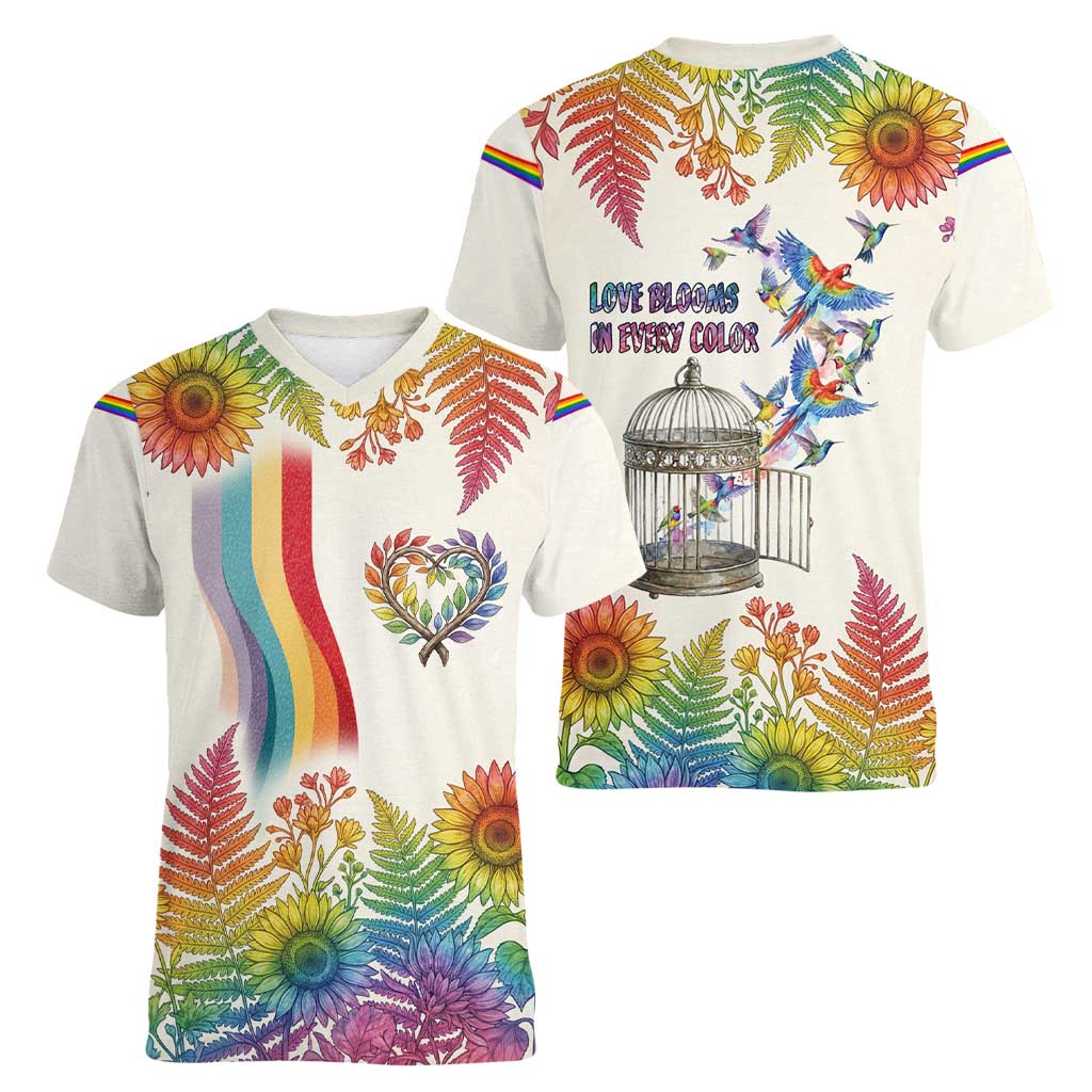 Love Blooms in Every Color Women V-Neck T-Shirt Nature Rainbow of Freedom