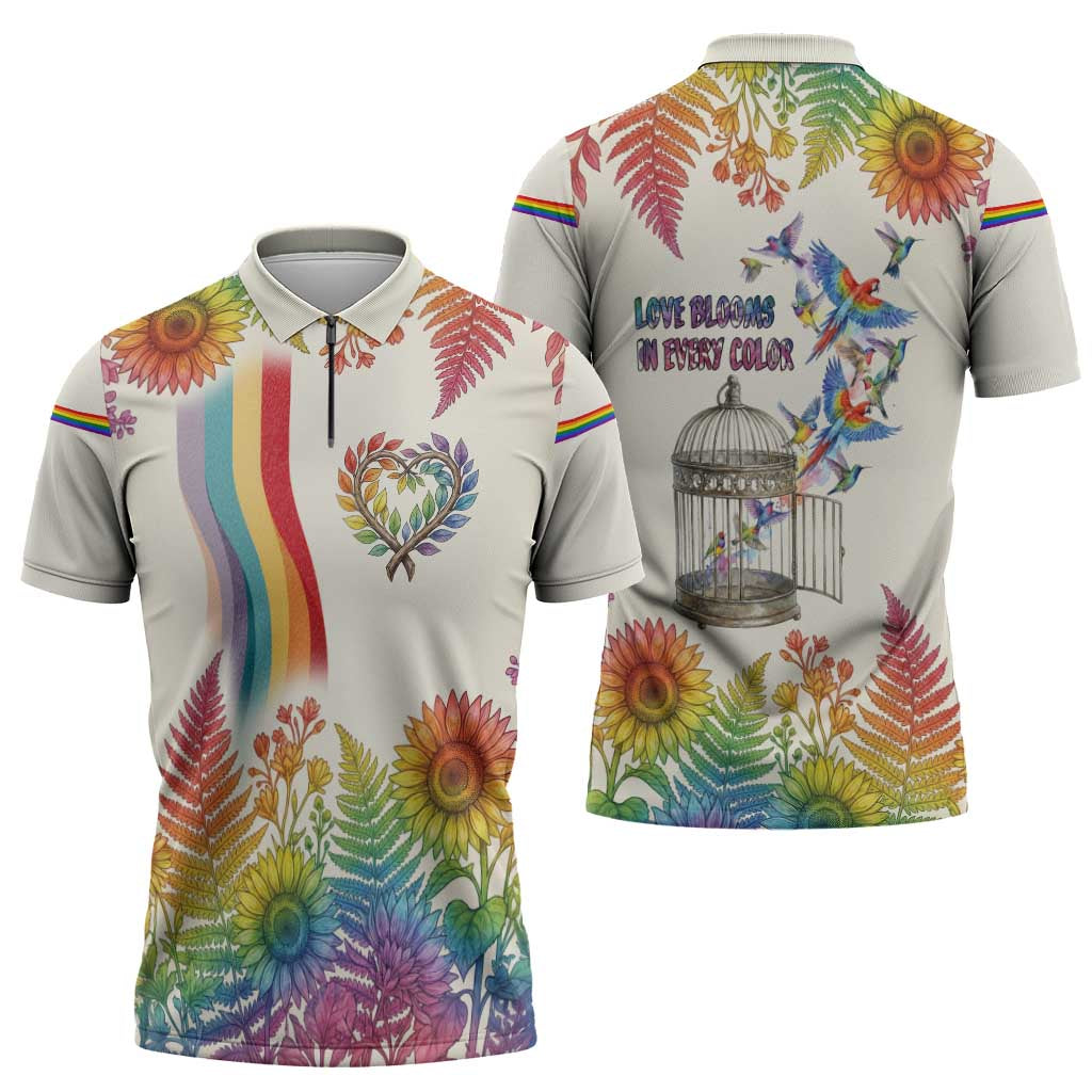 Love Blooms in Every Color Zipper Polo Shirt Nature Rainbow of Freedom