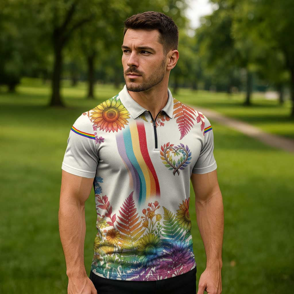 Love Blooms in Every Color Zipper Polo Shirt Nature Rainbow of Freedom