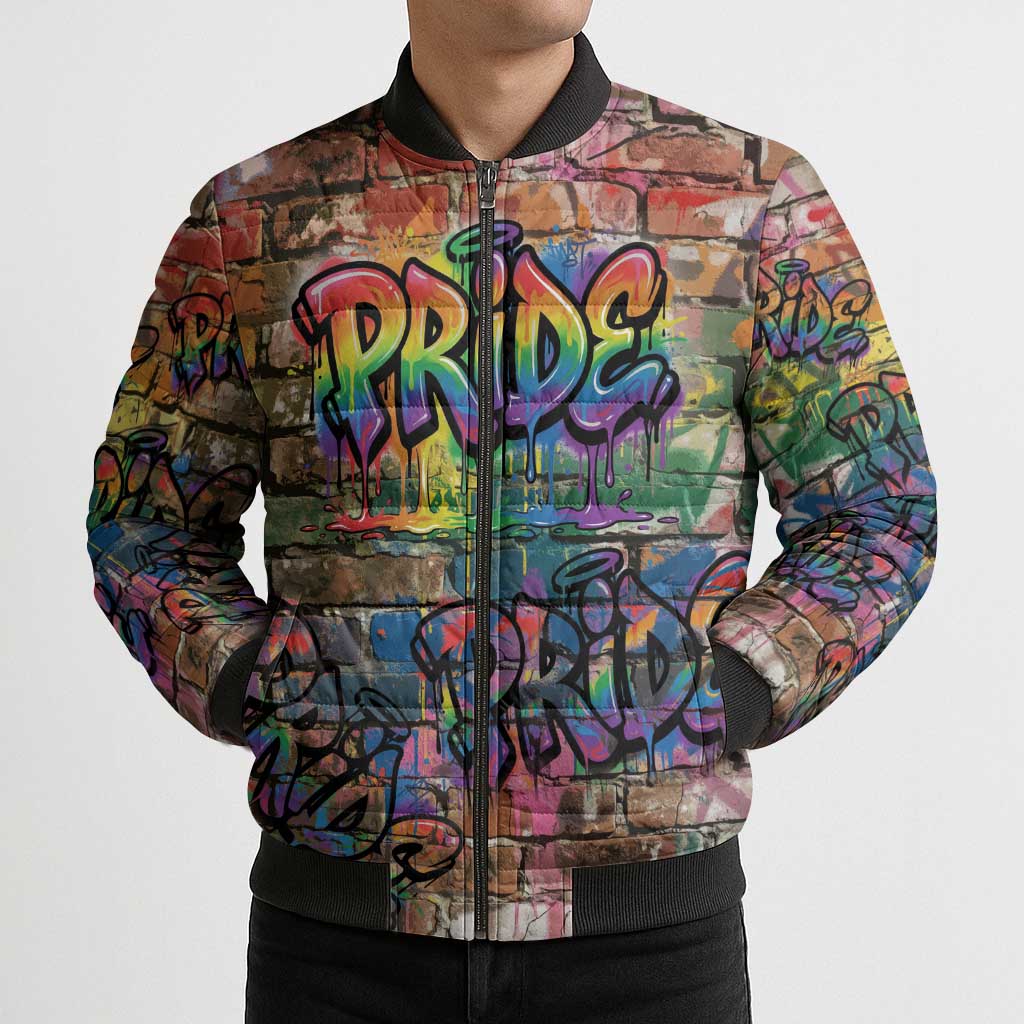 Pride Graffiti Wall Bomber Puffer Jacket Speak Your Truth, Embrace Your Color