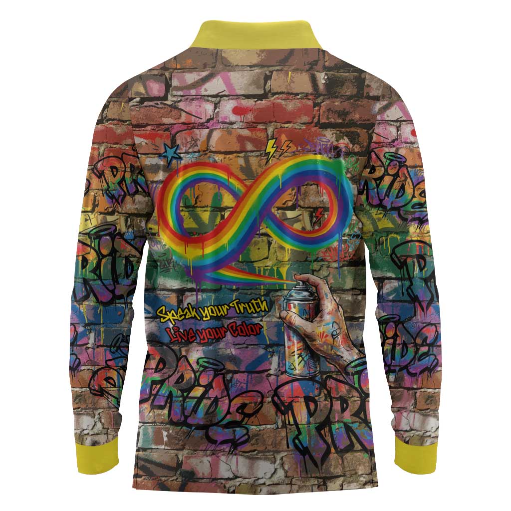 Pride Graffiti Wall Long Sleeve Polo Shirt Speak Your Truth, Embrace Your Color