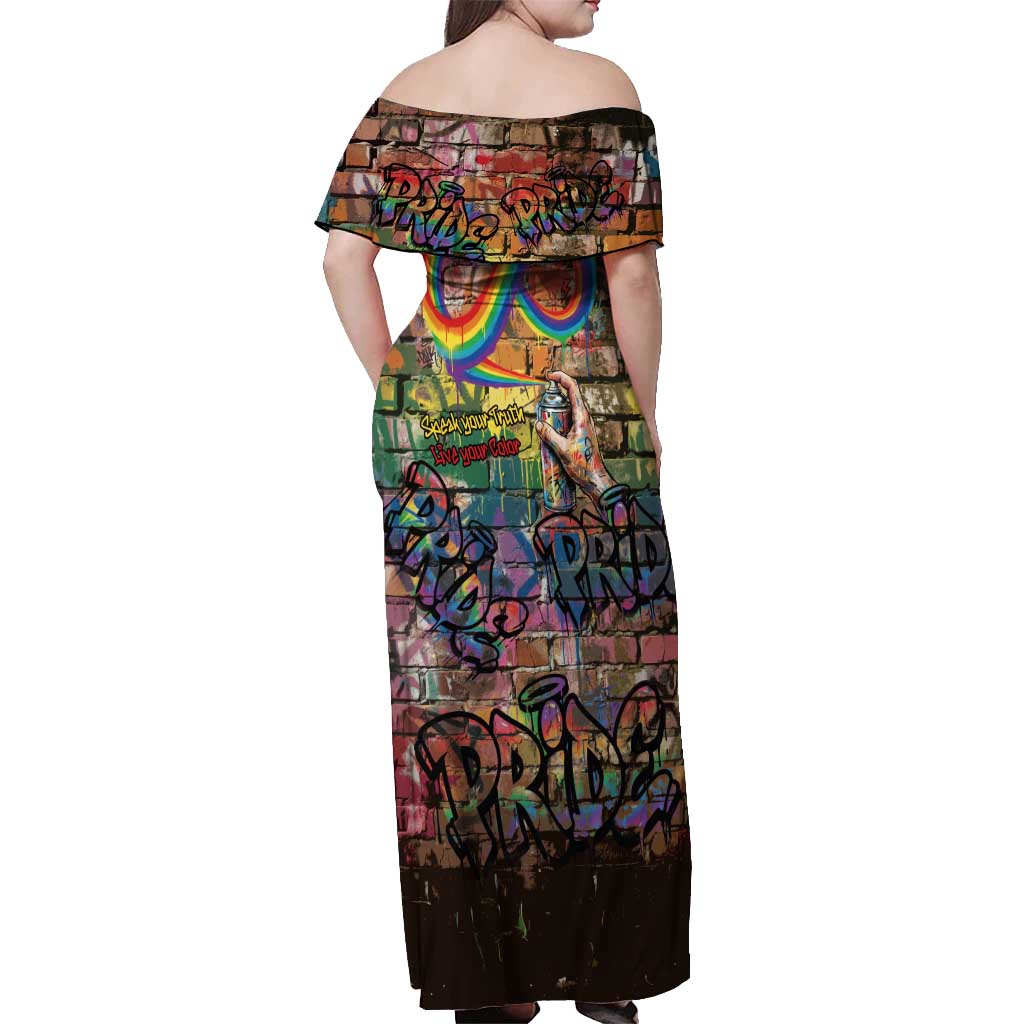 Pride Graffiti Wall Off Shoulder Maxi Dress Speak Your Truth, Embrace Your Color