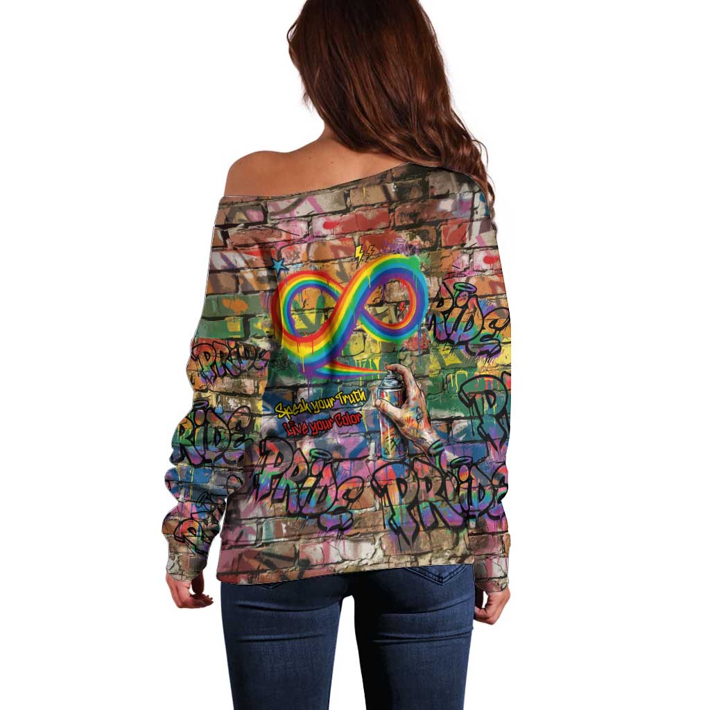 Pride Graffiti Wall Off Shoulder Sweater Speak Your Truth, Embrace Your Color