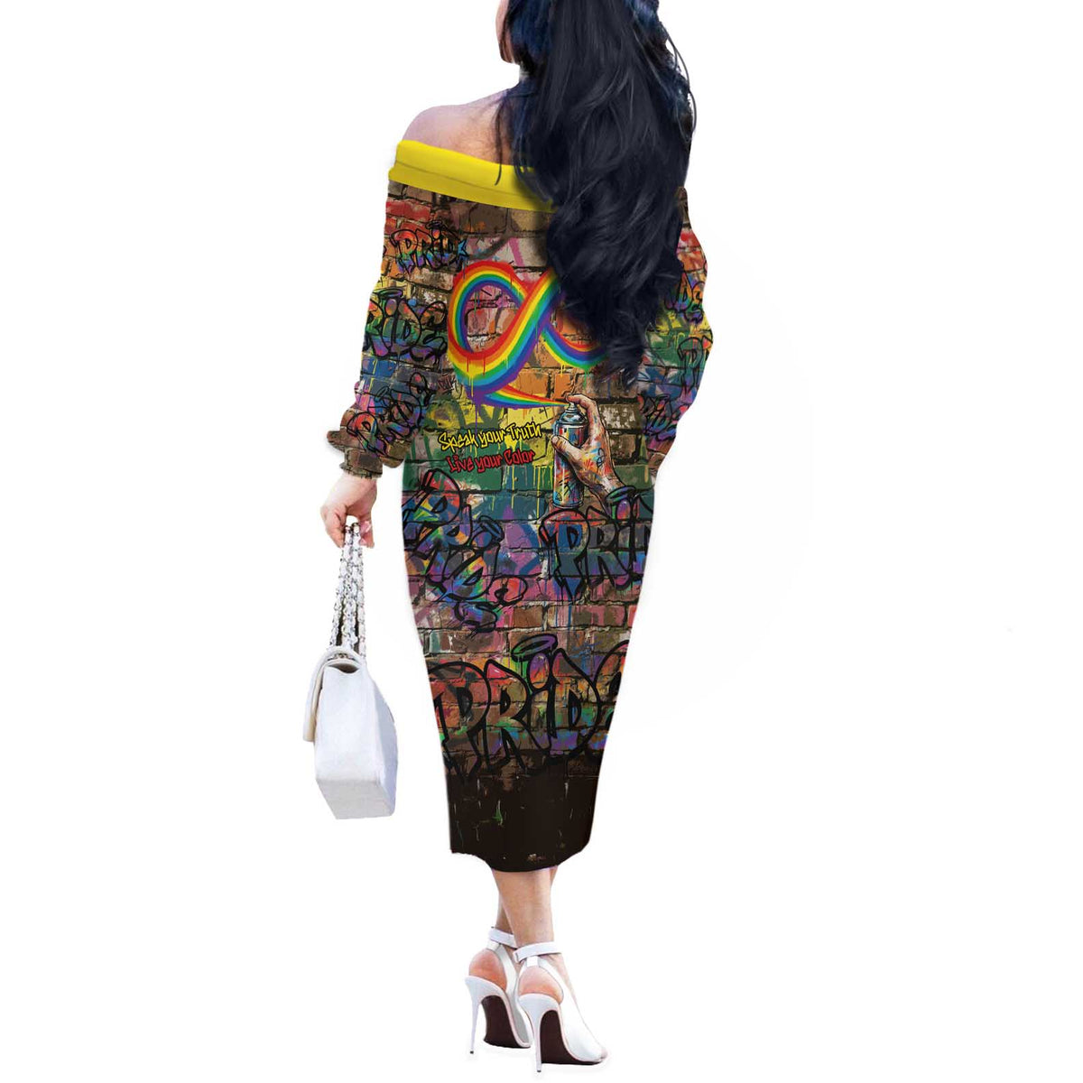 Pride Graffiti Wall Off The Shoulder Long Sleeve Dress Speak Your Truth, Embrace Your Color