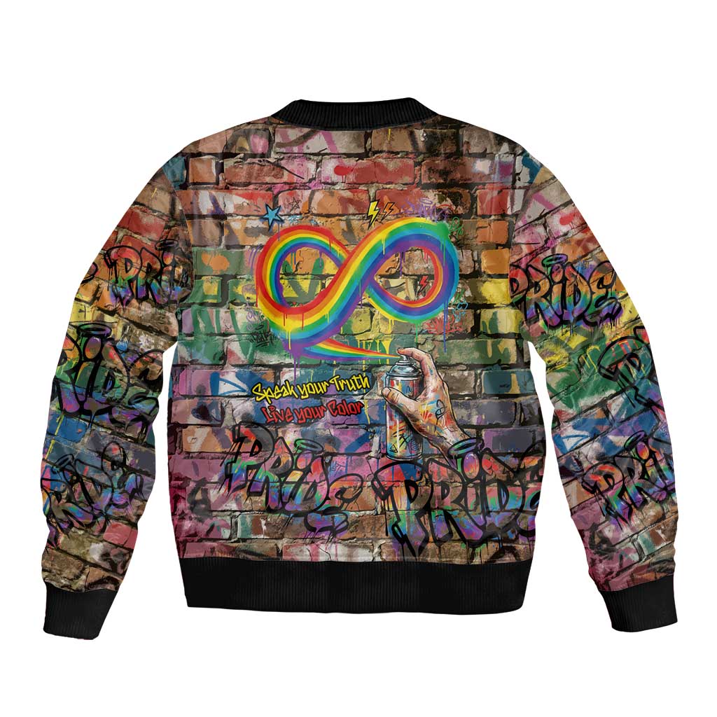 Pride Graffiti Wall Sleeve Zip Bomber Jacket Speak Your Truth, Embrace Your Color