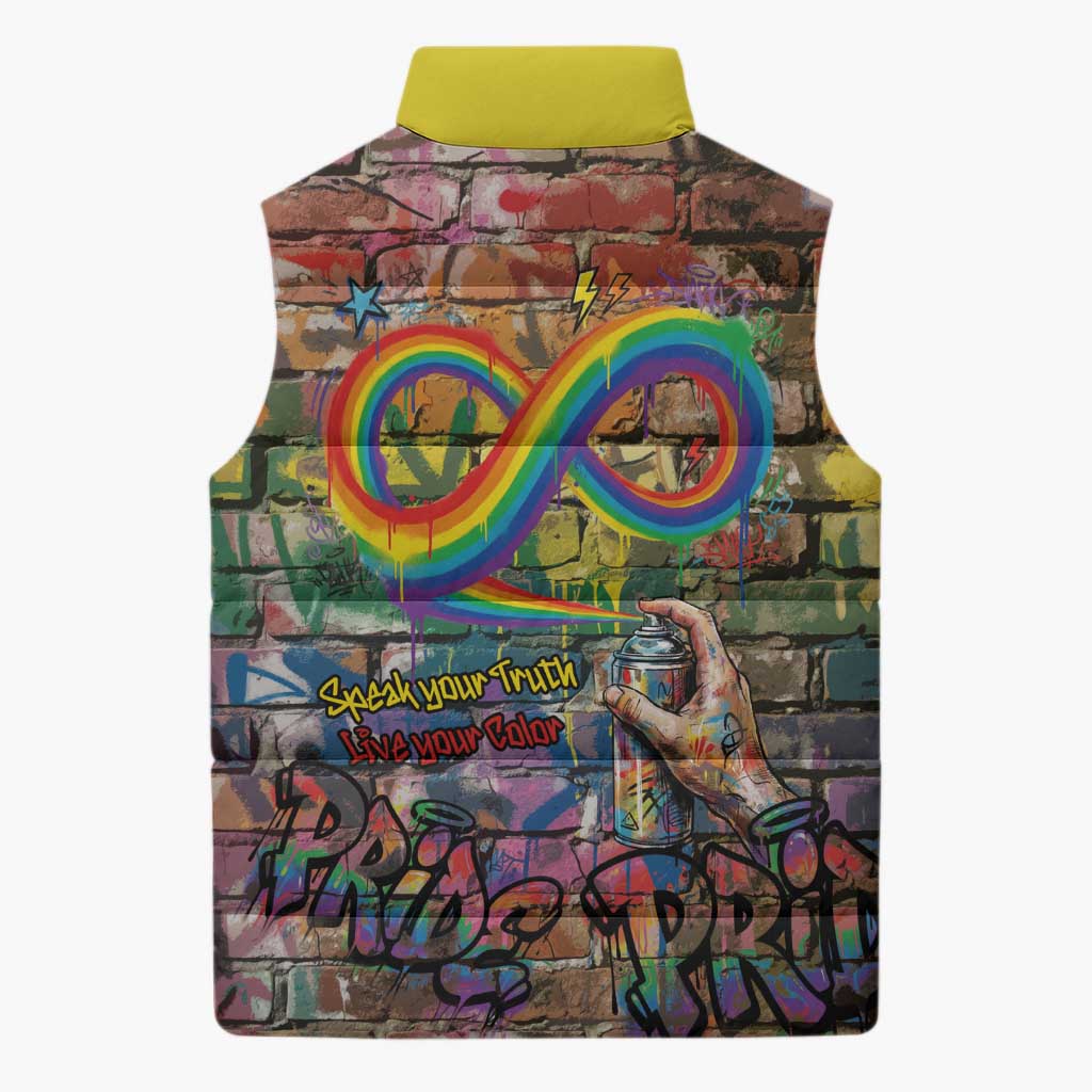Pride Graffiti Wall Sleeveless Puffer Jacket Speak Your Truth, Embrace Your Color