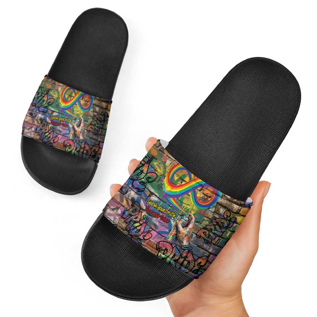 Pride Graffiti Wall Slide Sandals Speak Your Truth, Embrace Your Color