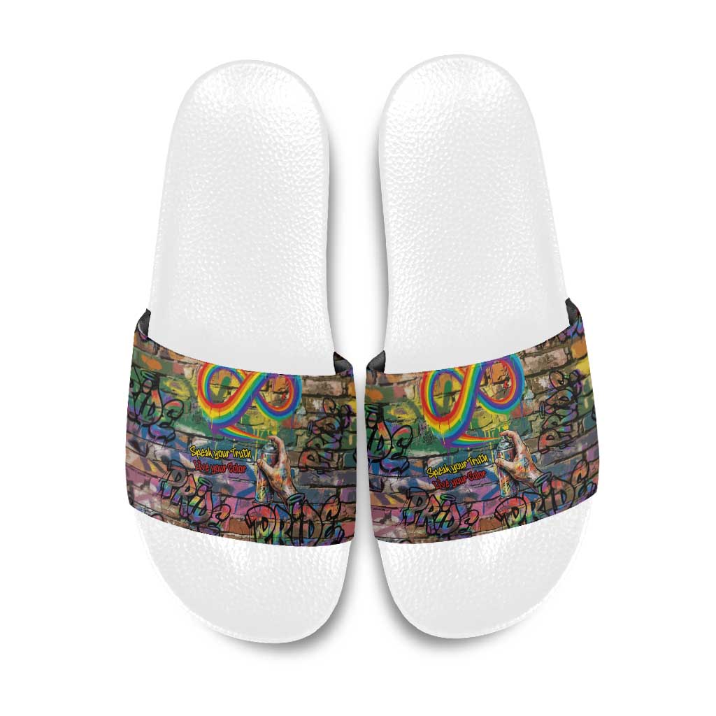 Pride Graffiti Wall Slide Sandals Speak Your Truth, Embrace Your Color