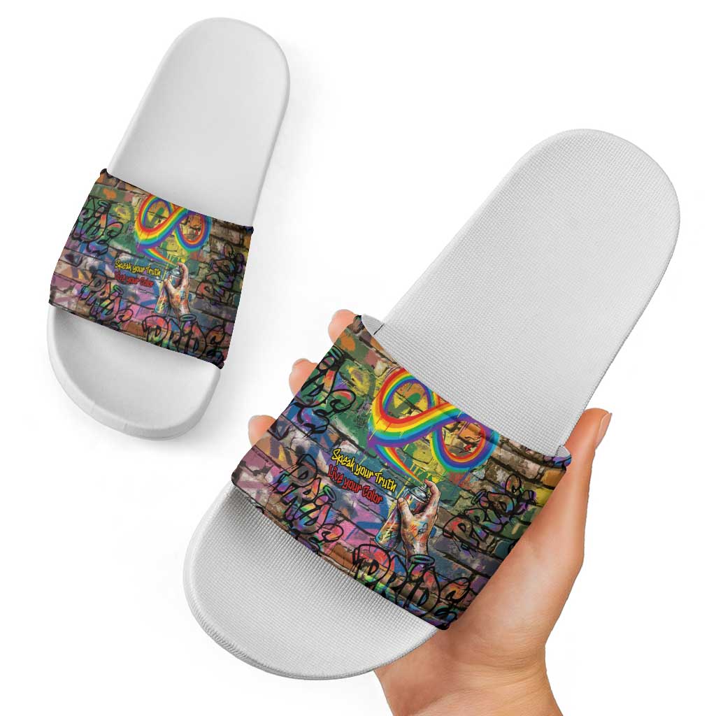 Pride Graffiti Wall Slide Sandals Speak Your Truth, Embrace Your Color